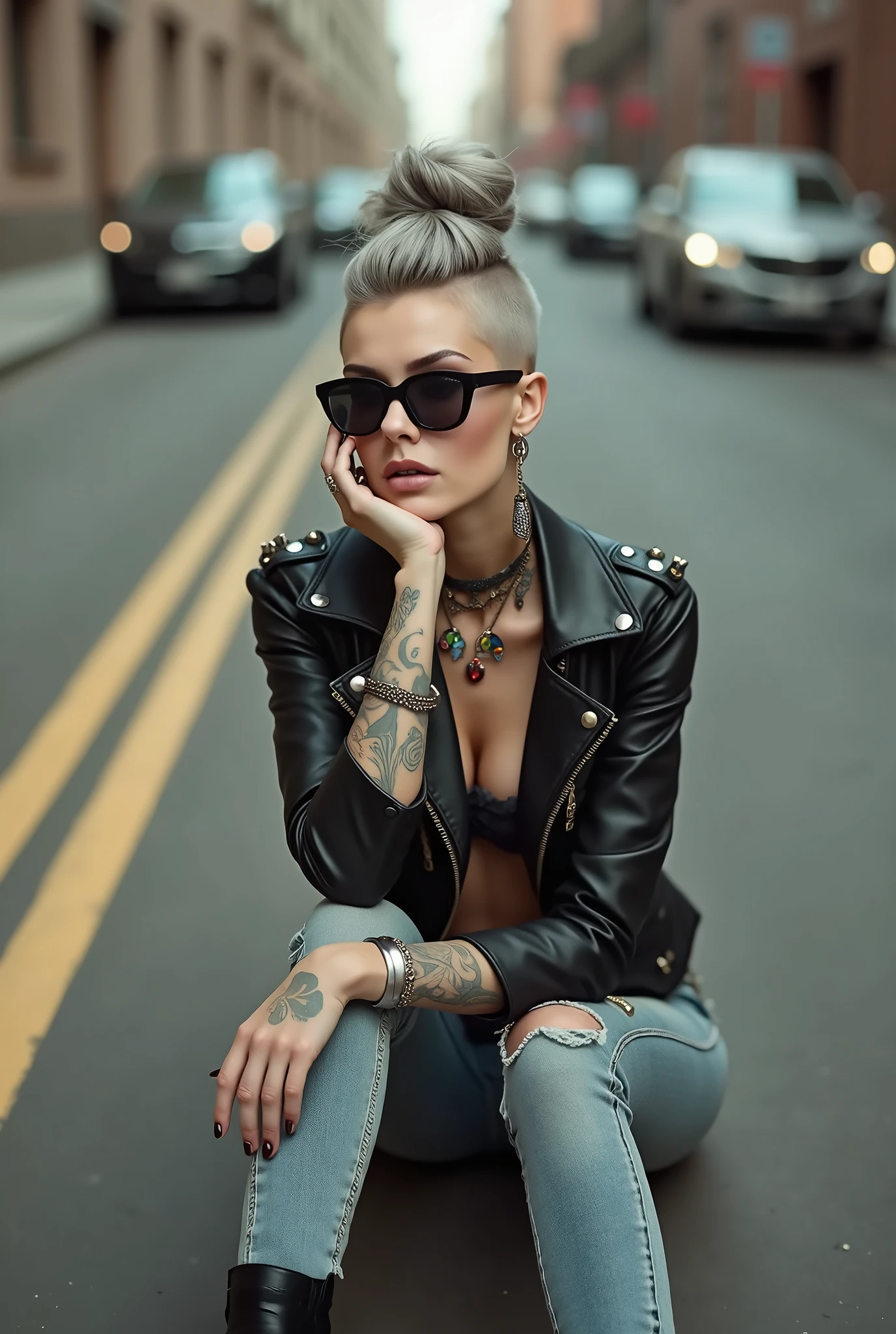 russian old milf woman, grey hair (huge top bun with shaved sides) and sunglasses as headband (big maxi glasses), with very light blue eyes, extremely pale. Wearing cropped spiked black moto jacket, some side pockets with zippers, black bra, skinny dark blue jeans (worn and dirty knees) with white thread seams and pointy Chelsea boots with cuban heels . Lots of metallic bracelets and collars. Lots of pendants. Tacky leather belt with oversized buckle. Long earrings. Sitting on the floor, looking up, chin up, eyes and mouth wide open in amazement. Hands in her lap .Looking at the camera in amazement, toned abdominals, thin legs and thin arms. tattoed