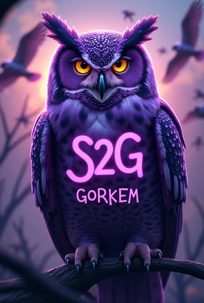 I want to create a logo with a large purple male owl. The owl should have the word 'S2G' written in purple on its chest and 'GORKEM' below it. The background should feature flying owls.