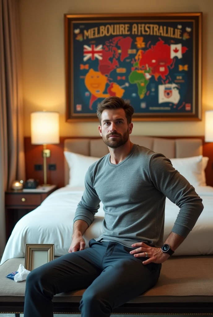 Homme caucasien grand de taille, charmant, un peu costaud, habillé en pantalon et tee-shirt manche longue, assis ou adossé sur une table dans une grande chambre d'hôtel, sur la table qu'il y ait également un papier mouchoir déjà utilisé sur la table et sur le lit de l'hôtel qu'il soit déposer un cadre photo grand ou moyen qu'il est possible de faire arrêter sur le lit et faire face à la caméra et sur le mur du chevet du lit un tableau sur lequel il est écrit en français : Melbourne AUSTRALIE et autour de la phrase qu'il y ait les emblèmes du CANADA QUÉBEC ou le drapeau du CANADA QUÉBEC