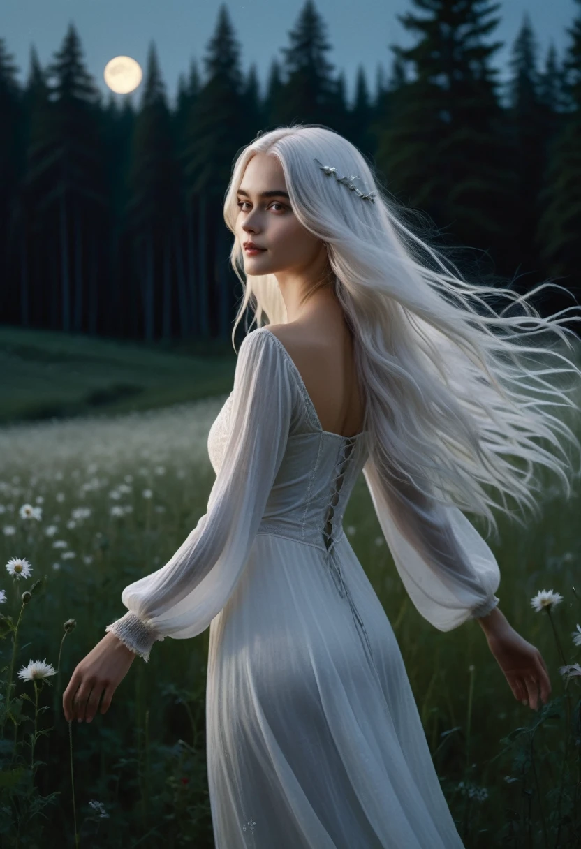 Beautiful white fairy lady with long straight white hair dancing with Diaval portrayed by Sam Riley, a slender, mystical character with tousled dark hair and sharp features. He wears dark, casual clothing that highlights his charming yet mysterious demeanor. His piercing dark eyes convey loyalty and depth. in the meadow field with moonlight and stars, in background magical forest, 8k high quality, 
