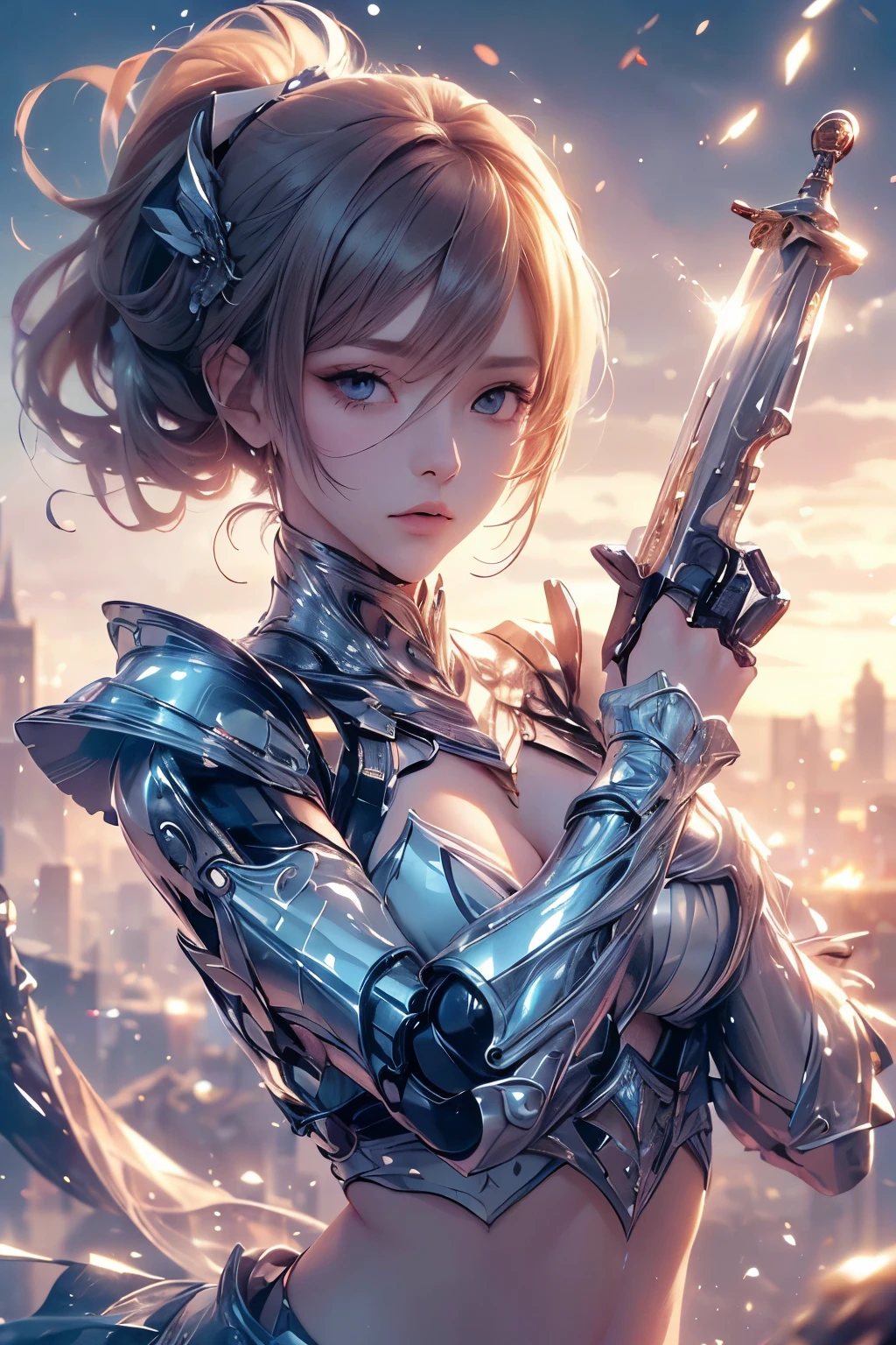 (((masutepiece))), (((Best Quality))), ((Ultra-detailed)), (extremely detailed photo), ((extremely delicate and beautiful)),(Cute delicate face),here is a digital art of a very futuristic looking female that has armor and weapons, 1girl, weapon, solo, science fiction, holding, holding weapon, robot,beautiful face and eye, double eyelid,delicate skin,slender body shape