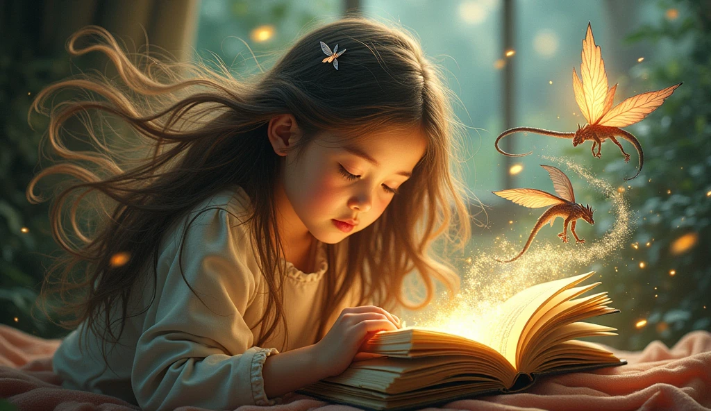 une fille qui lit un livre et qui grace au livre imagine un monde fantastique que l'on va pouvoir observé dans ses long cheuveux qui flotte dans l'air et dans lequelle on voit le monde fantastique avec des creature magique que l'on voit s'echapper du livre en une sorte de fumé