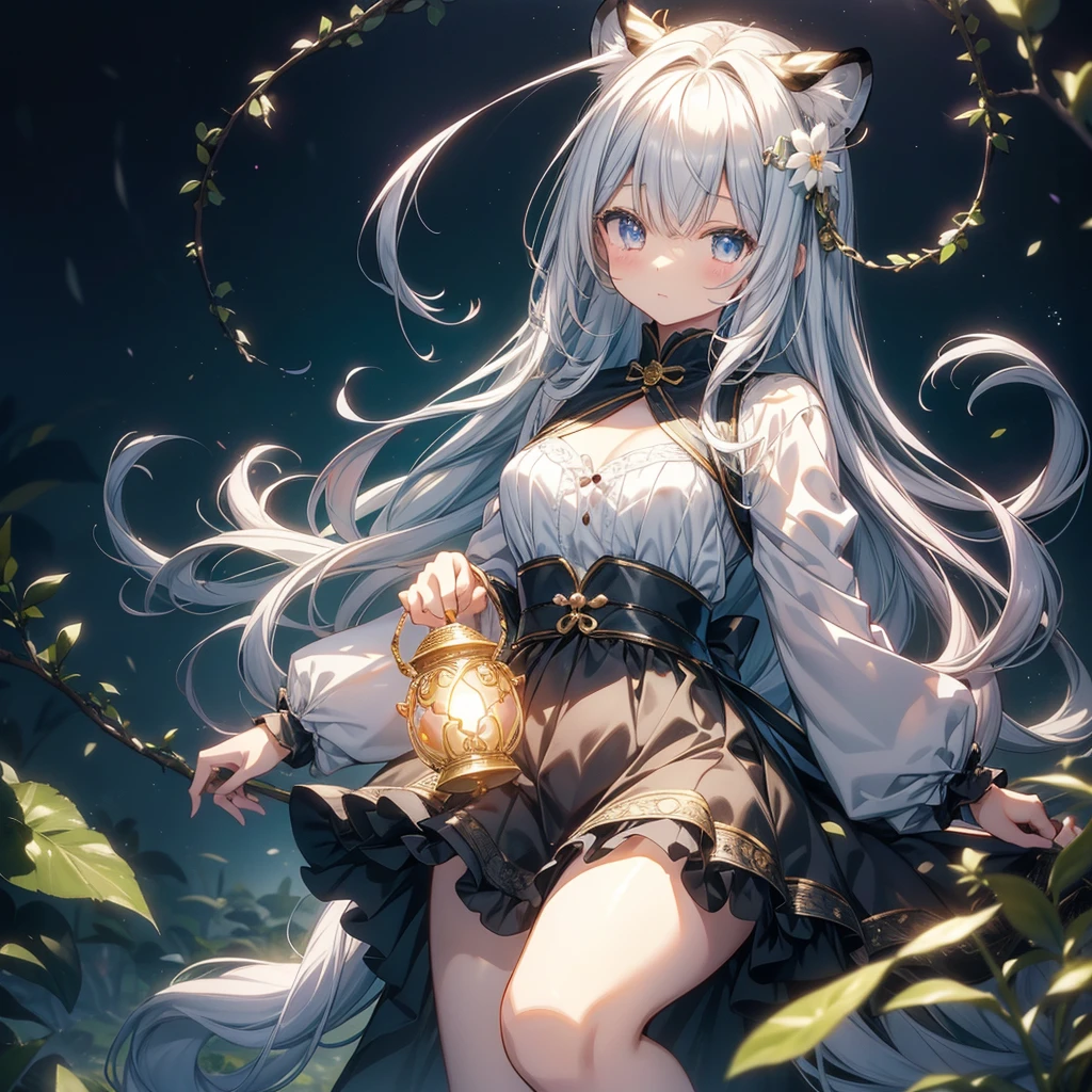 Fantasy、cute白虎の赤ちゃんのぬいぐるみを抱きかかえる人間の美少女、Highest quality、Masterpiece、Dynamic composition、The background is a black and white tiger pattern、cute、
