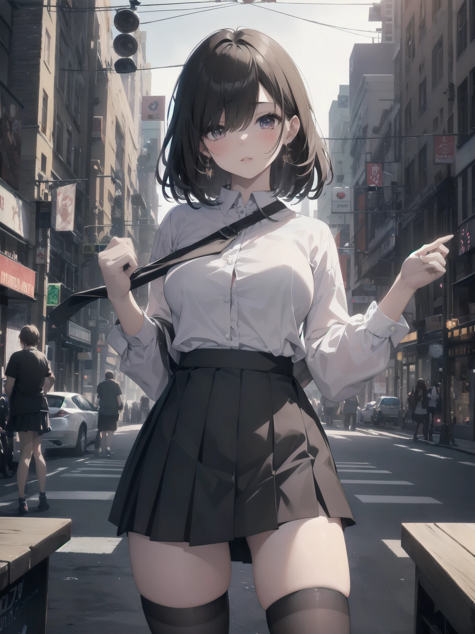 Highly detailed CG Unity 8k wallpaper, best quality, highly detailed, masterpiece, Highly detailed cute girl, 18 years old, (((lifting skirt by herself))), (lifting by herself), dynamic angles, sexy pose, blush, lips apart, looking at the audience , half body shot, (crowd), (crowded big city)), hair over one eye, immaculate beauty, upscale, less revealing clothing