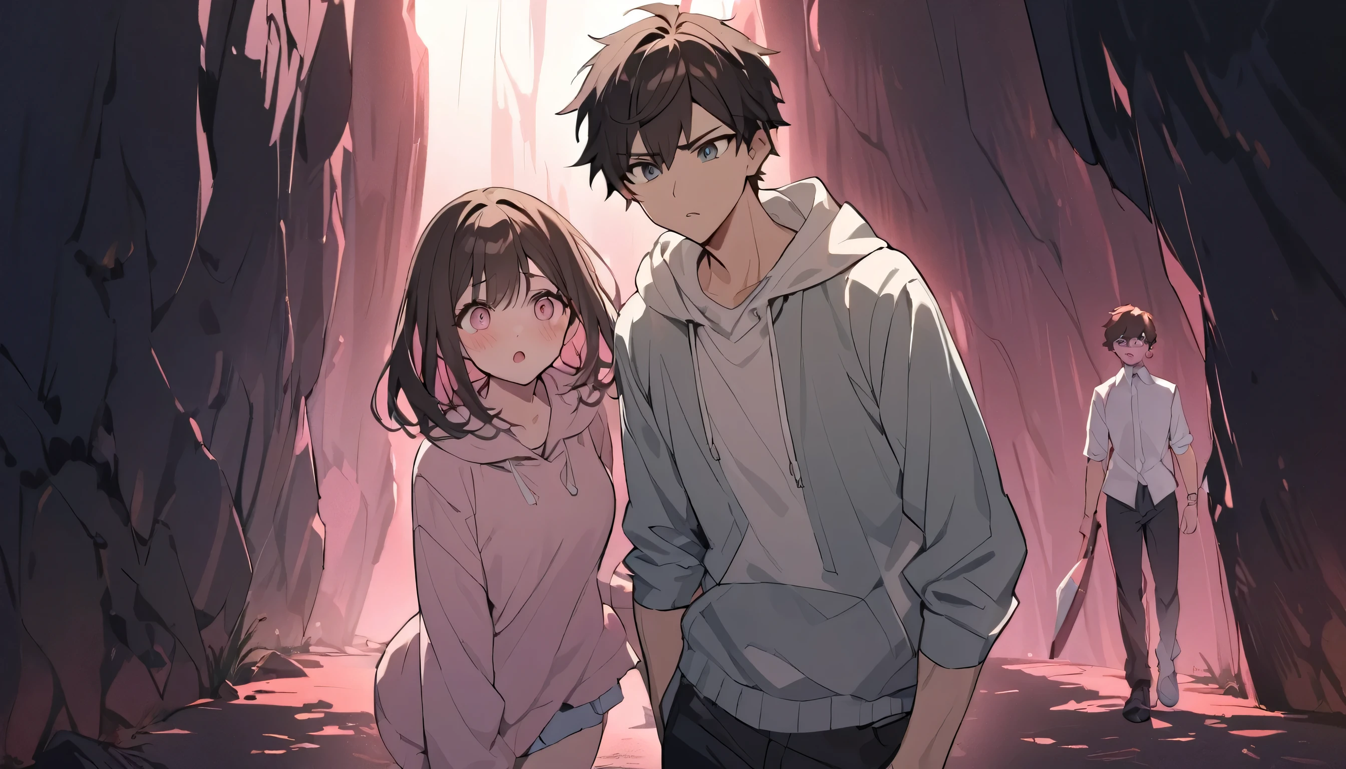 good looking, 2 high school students, ,1 male, 1 female,Dark brown hair, Pink highlights on the tip, Pale pink eyes,Walk inside a dark cave,The expression is anxious