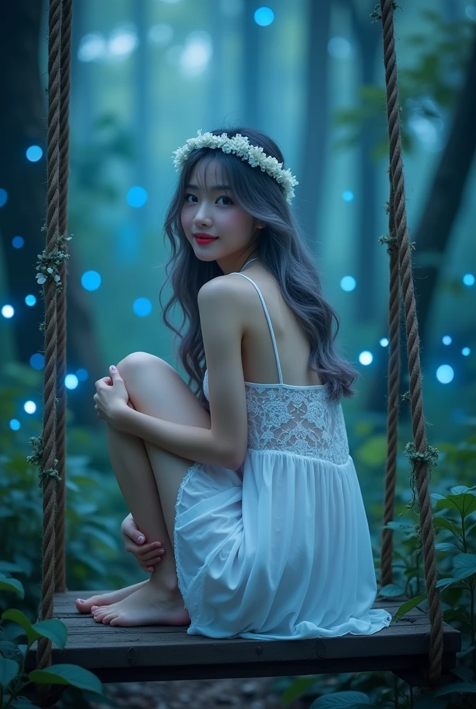 (wide shot, whole body shot), A beautiful korean girl, 20 years old, kpop style, ash grey long wavy hair, white flower headband, blue eyes, sexy body, long legs, wide thigh gap, silver titanium necklace with heart liontin, sitting back view lift the leg on rotten wood swing inside a quiet mystical illuminated fantasy forest, ((hugging own knees:1.3)), glowing blue leafs shing the atmosphere, Lots of bright fireflies flying around above the forest, backlighting, holding swing's ropes that has creeping leaves on it. looking through shoulder, Bare feet, She's wearing transparent white spaghetti strap silky low cut mini night dress, slightly lace dress, cleavage, beautiful butt, ((twisting dress, lifting up high your own dress:1.4)), the dress is just below of her pussy, spreading legs, M-legs, ((open wide legs, spreading legs:1.4)),(((from below, low angle shot:1.4))), beautiful lighting, cinematic, (whole body), (((bright skin:1.4))), ((cinematic lighting:1.3)), bright front studio lighting