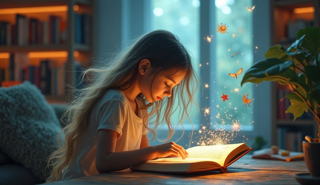 une fille qui lit un livre et qui grace au livre imagine un monde fantastique que l'on va pouvoir observé dans ses long cheuveux qui flotte dans l'air et dans lequelle on voit le monde fantastique avec des creature magique que l'on voit s'echapper du livre en une sorte de fumé