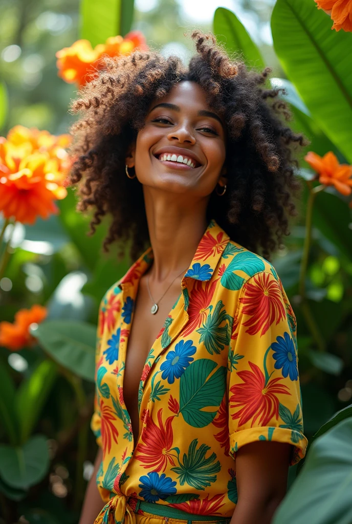 A Brazilian woman in a lush tropical garden, wearing an open shirt with a floral print, with a close-up capturing the harmonious beauty between her breasts and the natural flowers, showing off your natural charm and outgoing personality.