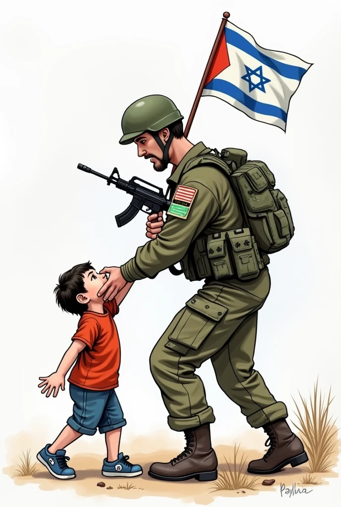 Draw a Israeli soldier with Israeli flag on his shoulder, hurting
a Palestinian kid wit a flag
