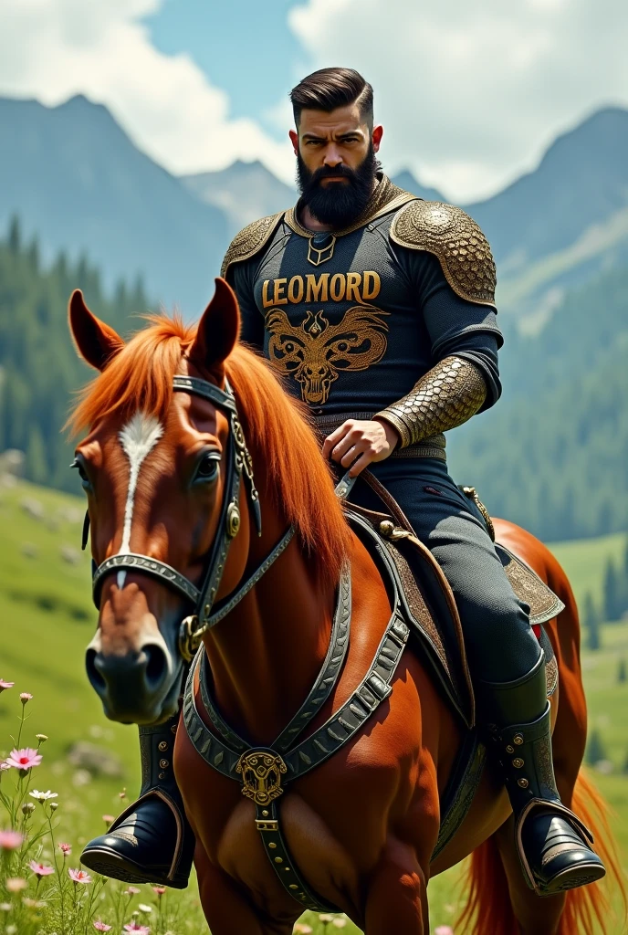 a man gamers sitting on a horse, carrying a sword, and wearing a jersey that says "LEOMORD"