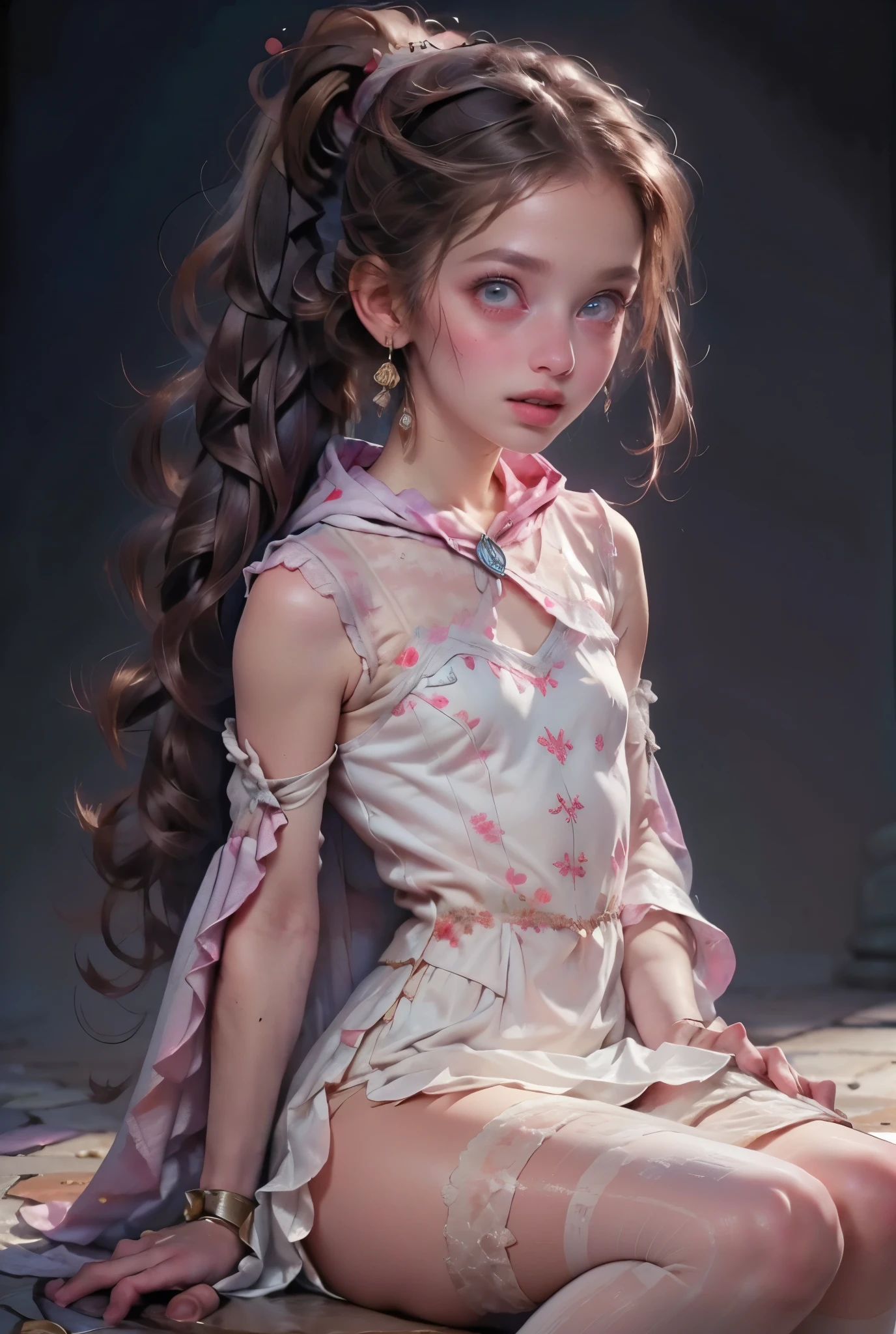 ((best quality)), ((masterpiece)), (detailed), perfect face (((masutepiece, of the highest quality, super detailed))), hand drawn style, hand painted style, watercolour, sketch, a knight, white background, plain background, Bloodborne inspired, tatty Bloodborne attire, occult aesthetic, occult, tatty red and white clothing detailed and intricate steampunk and detailed gothic ta (with a hood), long coat, Complex laced boots, Fluttering lace flared long knee length dress with frilly petticoats, long dress, knee length dress, pleated petticoats, loliress, petticoats gothic lolita aetic, beautiful small breasts, (((flat chest:1.1))), (((( Highly detailed face))), small thin nose, Small thin lips mouth, (((Very sharp focused eyes))), Very large slit precision pale grey eyes that shine like jewels. (resolved expression), (resolute expression), ((dark hair)), ((long ponytail, thick ponytail, heavy ponytail)), very long eyelashes, white background, Very dramatic and cinematic lighting, tatty damaged old red and white clothing, full body, whole body, body, cosmic horror, grim dark