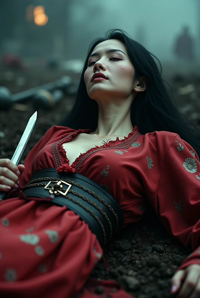 Asian women with sexy kimono dying, almost die, died laying at the battle ground blood spurt out from her wound, naked, nude, death by stabbed at her chest, stabbed chest, with a sword, the sword stuck at her chest covered of blood body, blood spurt out from her wound