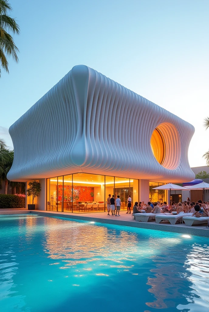 A rectangular Windowless building. The exterior of building has features smooth curves using vertical louvers like wave. No glass. Modern style. overhead door. connected stage of a pool party area and annex building.