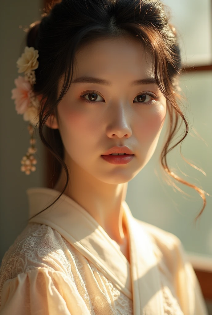 An elegantly dressed Japanese woman in natural light、A close-up of her chest and calm expression.、It shows her inner peace and outer charm.。