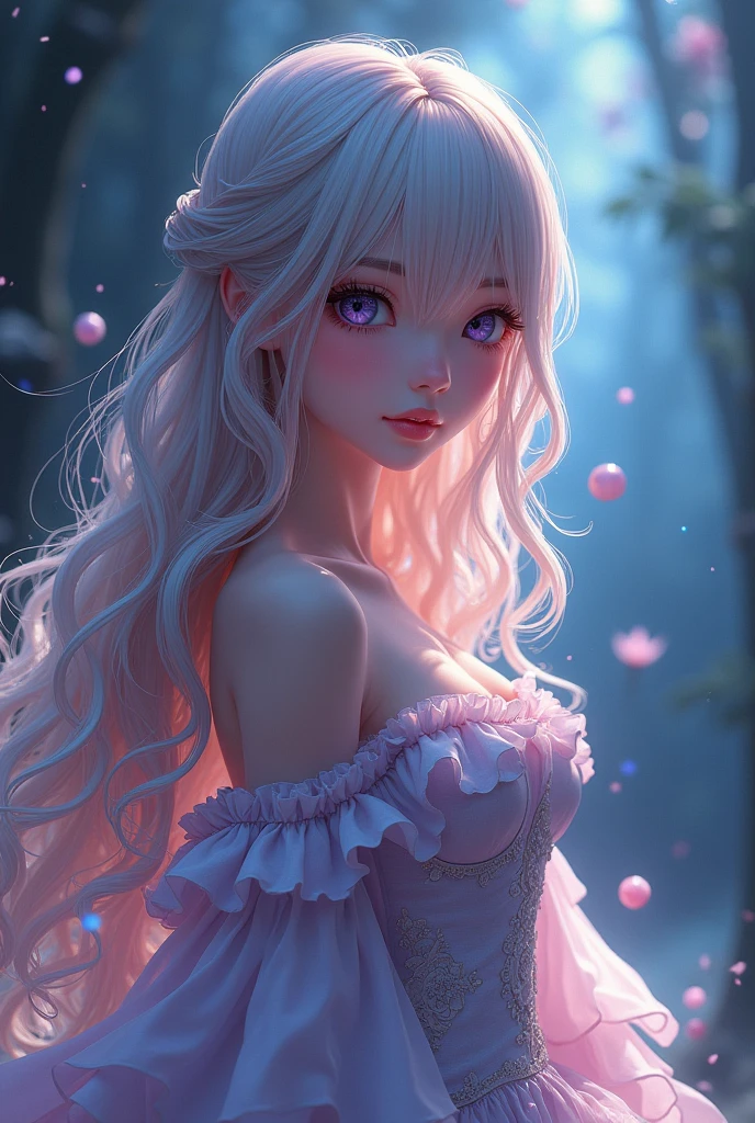a beautiful anime girl mage, fully nude, flawless skin, perfectly detailed face with big eyes, long eyelashes, small nose, full lips, flowing hair, hourglass figure, standing in a magical fantasy landscape, glowing magical energy, dramatic lighting, cinematic composition, vibrant colors, 8k, hyperrealistic, masterpiece