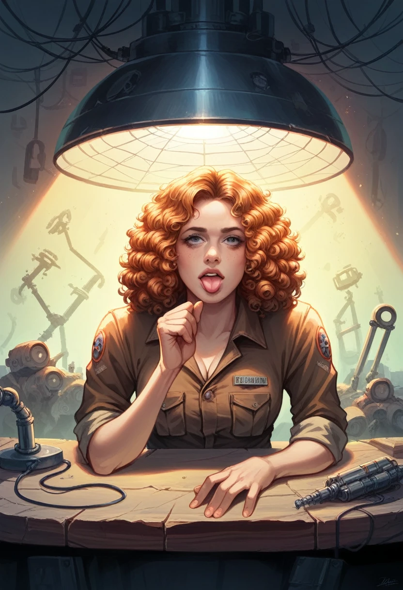 photorealistic, beautiful girl, busy look, grimace with tongue hanging out to the left, orange curly hair. Orange wasteland tactical clothing with many accessories. look at the front. repair a circuit on the board with the soldering iron. table with various electronic components. Dilapidated laboratory with dirt and cobwebs, dim light, dramatic lights, 8k