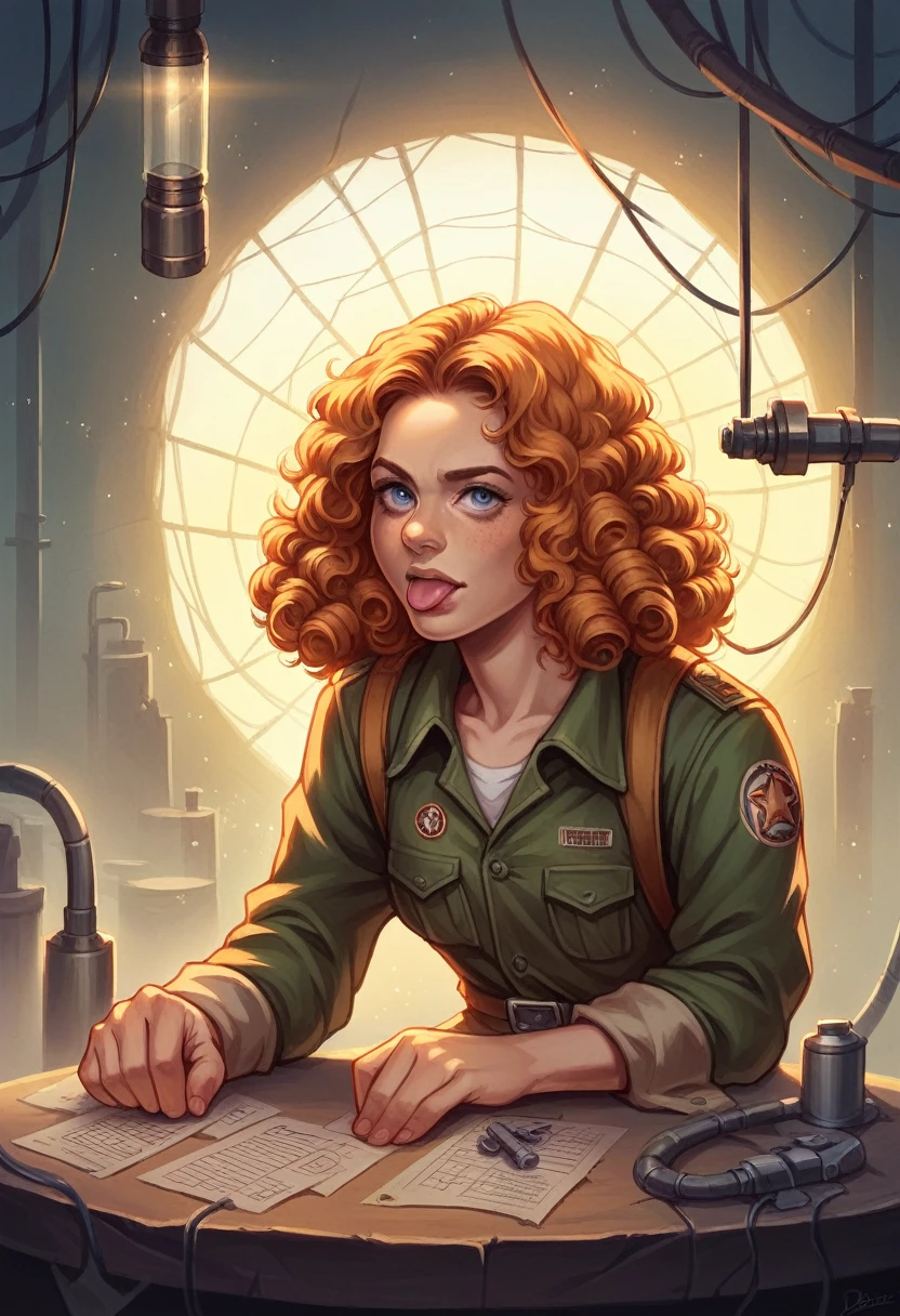 photorealistic, beautiful girl, busy look, grimace with tongue hanging out to the left, orange curly hair. Orange wasteland tactical clothing with many accessories. look at the front. repair a circuit on the board with the soldering iron. table with various electronic components. Dilapidated laboratory with dirt and cobwebs, dim light, dramatic lights, 8k