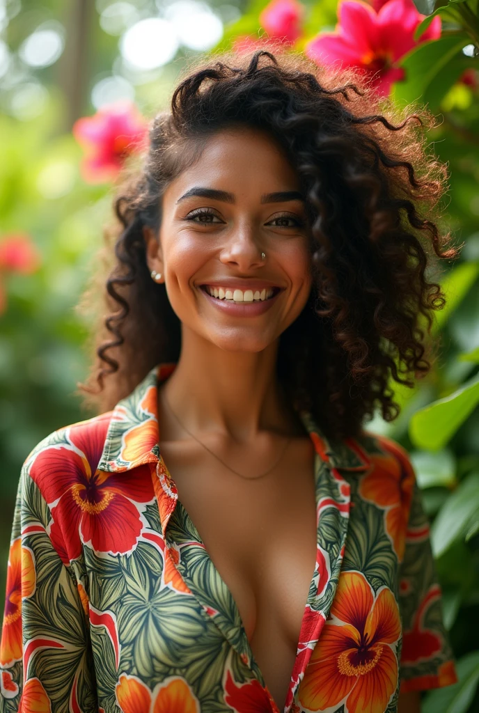 A Brazilian woman in a lush tropical garden, wearing an open shirt with a floral print, with a close-up capturing the harmonious beauty between her breasts and the natural flowers, showing off your natural charm and outgoing personality.