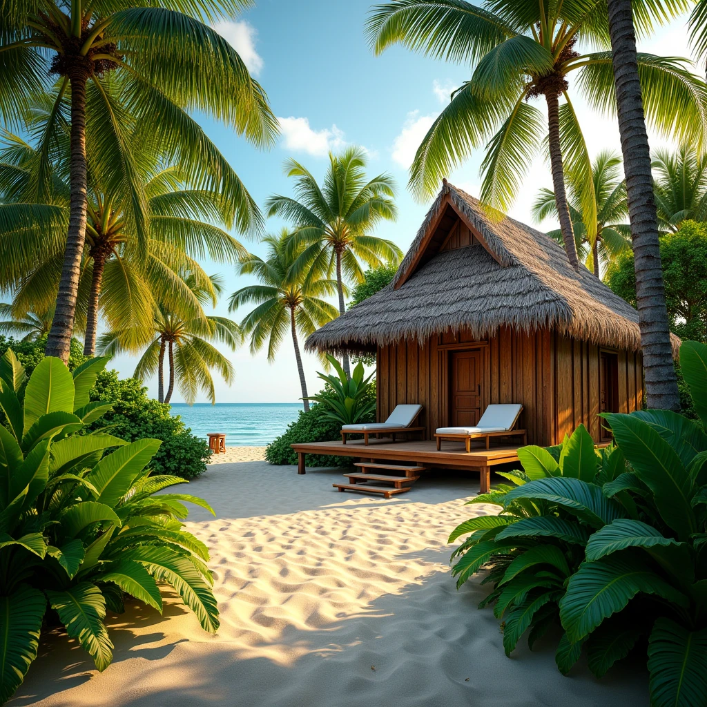 A highly detailed digital illustration of a tropical beach resort bungalow surrounded by lush green palm trees and dense foliage. The bungalow has a thatched roof with intricate details, wooden walls, and an elevated wooden deck with lounge chairs. The setting is peaceful, with a sandy pathway leading to the bungalow, and the ocean is visible in the background. The overall scene is bathed in warm, natural sunlight, enhancing the vibrant greens of the plants and the natural wood tones of the bungalow.