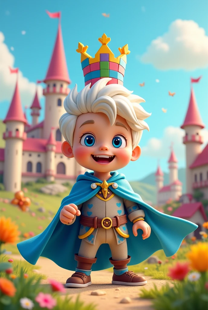 a toon king, a smiling young man with white hair and blue eyes, wearing a blue cape and a crown in the shape of building blocks.