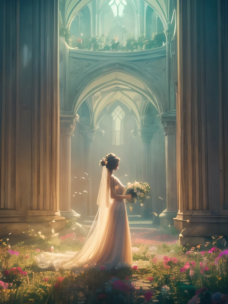 (Very detailed, Highest quality), floating, A very delicate and beautiful dreamlike scene.,, , [(One person),(Long purple hair), Detailed face, Neck ribbon, elegant blue dress, Standing on the clouds, (Wide Shot), (Mysterious atmosphere):1.5],, , [(Butterfly Wings),(Fluffy cat),(bouquet),(fairy tale), (sunlight),(Soft Light),(pastel colour),(Glitter):0.8]