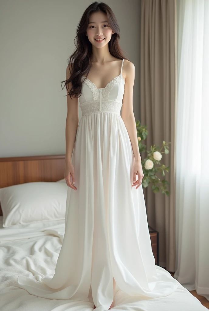 ((Highest quality)), ((masterpiece)), (detailed), Perfect Face,2 Japanese women,r without makeup,Full body standing,Clean up to the toes,Huge breasts:1.3,Huge breasts:1.3,High bust top:1.3,Hard, Round Breasts:1.3,White shirt,Long skirt,((No Pat,Very good)),Bright smile,Bedtime blanket,Thematic Depth,Clear focus,Natural and soft light