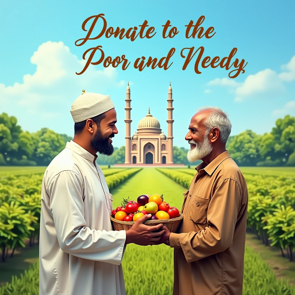 An imam sahib and a farmer working in a common field farm farmer giving a bunch of fruits to imam sahib in their background a mosque surrounded by green fruit fields farm above their heads written donate to the poor and needy in Bengali