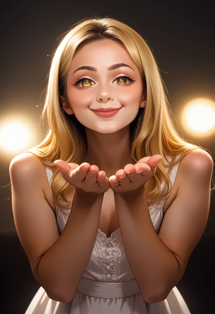 best quality, masterpiece, highres, 1girl, white flared chiffon short dress, smile, closed mouth,lips, blonde long hair, detailed beautiful eyes,detailed eyelash, Beautiful face,upon_body, tyndall effect,photorealistic, rim lighting, two tone lighting,(high detailed skin:1.2), 8k uhd, dslr, soft lighting, high quality, volumetric lighting, candid, Photograph, high resolution, 4k, 8k, Bokeh, in downtown, afternoon