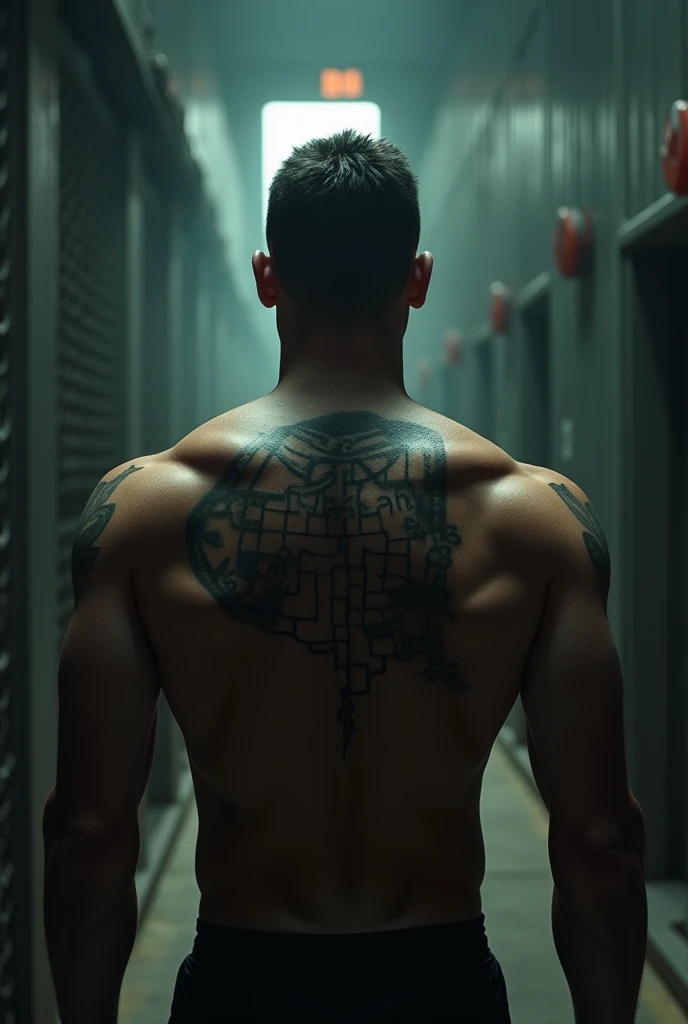 Photographic quality,Super clear photos with a cinematic atmosphere,The content is the back of the prison break male lead,Showing the prison design on his back,A map like a maze,Ultra-clear,The light and shadow effect is quite strong.,8k