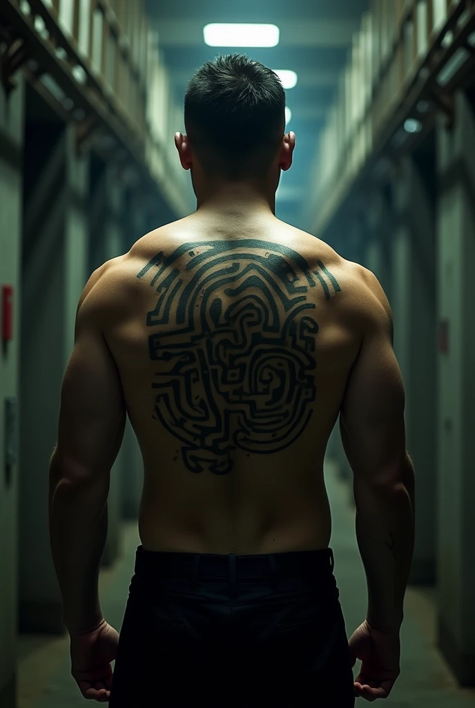 Photographic quality,Super clear photos with a cinematic atmosphere,The content is the back of the prison break male lead,Showing the prison design on his back,A map like a maze,Ultra-clear,The light and shadow effect is quite strong.,8k