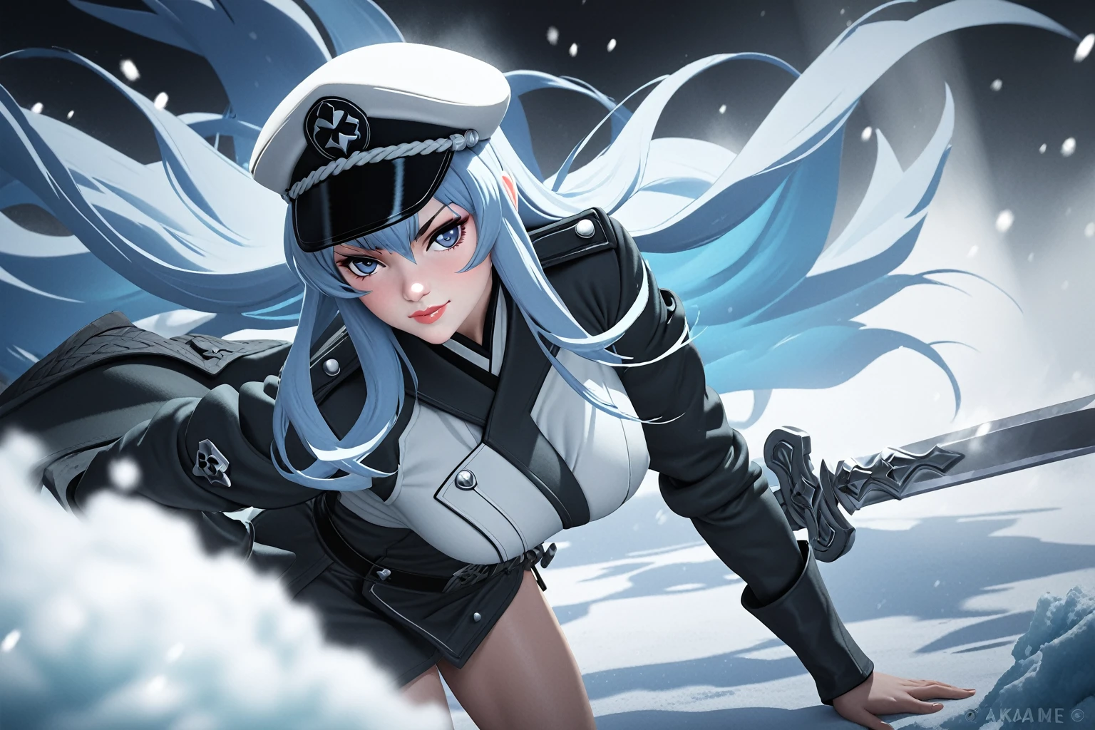 (best quality), (ultra-detailed), ((Esdeath from Akame ga kill)), ((Masterpiece)), ((Top Quality)), ((Cinematic Quality)), ((Sharp Details)), ((Vivid Colors)), ((Realistic Textures)), ((Dynamic Lighting)), ((Perfect face)), Full body kawaii shot, commanding pose with legs crossed, head slightly tilted, and a confident smirk, hands resting on hips or hidden behind her back, Frosty Mist, Icy Shards, Dramatic Shadows, Intense Contrast, Snowflakes in Motion, Wind-swept Hair, Crystal Reflections, Chilling Atmosphere, 1girl, long blue hair, piercing blue eyes, ((extremely revealing military uniform with cleavage)), peaked cap, high-heeled boots, ice elements, confident demeanor, snow-themed attire,Esdeath