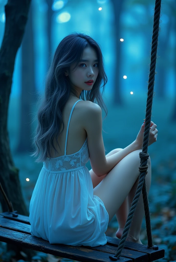 (wide shot, whole body shot), A beautiful korean girl, 20 years old, kpop style, ash grey long wavy hair, white flower headband, blue eyes, sexy body, long legs, wide thigh gap, silver titanium necklace with heart liontin, sitting back view lift the leg on rotten wood swing inside a quiet mystical illuminated fantasy forest, ((hugging own knees:1.3)), glowing blue leafs shing the atmosphere, Lots of bright fireflies flying around above the forest, backlighting, holding swing's ropes that has creeping leaves on it. looking through shoulder, Bare feet, She's wearing transparent white spaghetti strap silky low cut mini night dress, slightly lace dress, cleavage, beautiful butt, ((twisting dress, lifting up high your own dress:1.4)), the dress is just below of her pussy, spreading legs, M-legs, ((open wide legs, spreading legs:1.4)),(((from below, low angle shot:1.4))), beautiful lighting, cinematic, (whole body), (((bright skin:1.4))), ((cinematic lighting:1.3)), bright front studio lighting