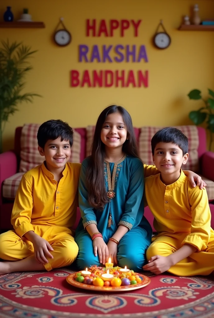 2 Brothers 1 Sister Rakhi Prompt 👇 👇 

Two young boys, ages 16 and 18 are celebrating Raksha Bandhan with their 15-year-old sister. The girl wear matching blue salwar kameez outfits, while the boys is in a yellow kurta. They're sitting cross-legged on a patterned rug in their living room. A plate with rakhis, sweets, and a small diya lamp is in front of them. On the wall behind them, "HAPPY RAKSHA BANDHAN" is painted in bold letters, with "golu, akku &khushi " written underneath. 4k image, warm indoor.