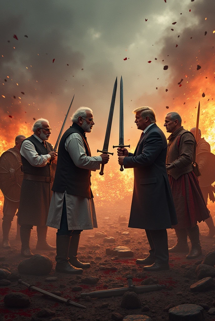 Create a dark, intense battle scene featuring Narendra Modi, Donald Trump, Joe Biden, Benjamin Netanyahu, and the Iranian President. They should be depicted as fierce warriors, with Modi facing off against Trump and Biden, while Netanyahu battles the Iranian President. The background should be chaotic with fire and destruction, and each character should have a determined, aggressive expression. Add elements of blood and combat to emphasize the intensity of the fight, with weapons like swords or shields in hand. The atmosphere should be grim and powerful, highlighting the tension and rivalry between these world leaders."