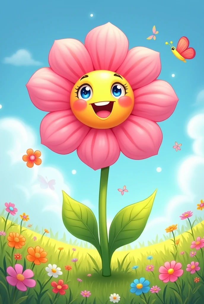 An illustration of a flower with pink petals,with a happy face
