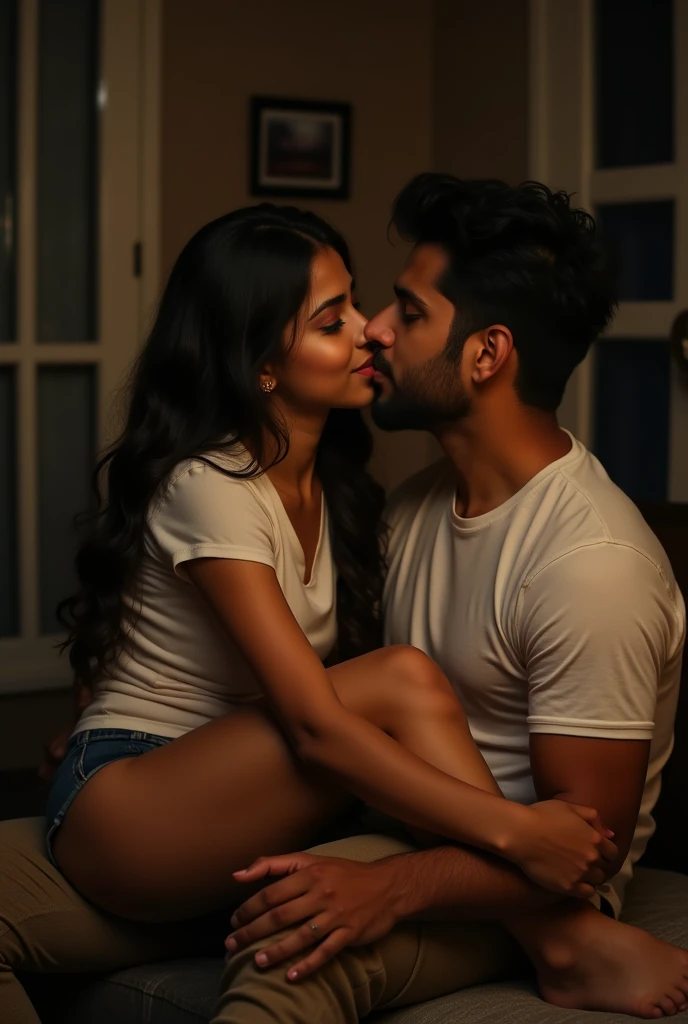 Indian 20 year old girl, wear shorts and tight tshirt, seating on lap of 23 year old indian boy, and they both are kissing, lip kiss. Looking handsome, and wears tshirt. Sexual, seducing facial expressions. At night, in th house.