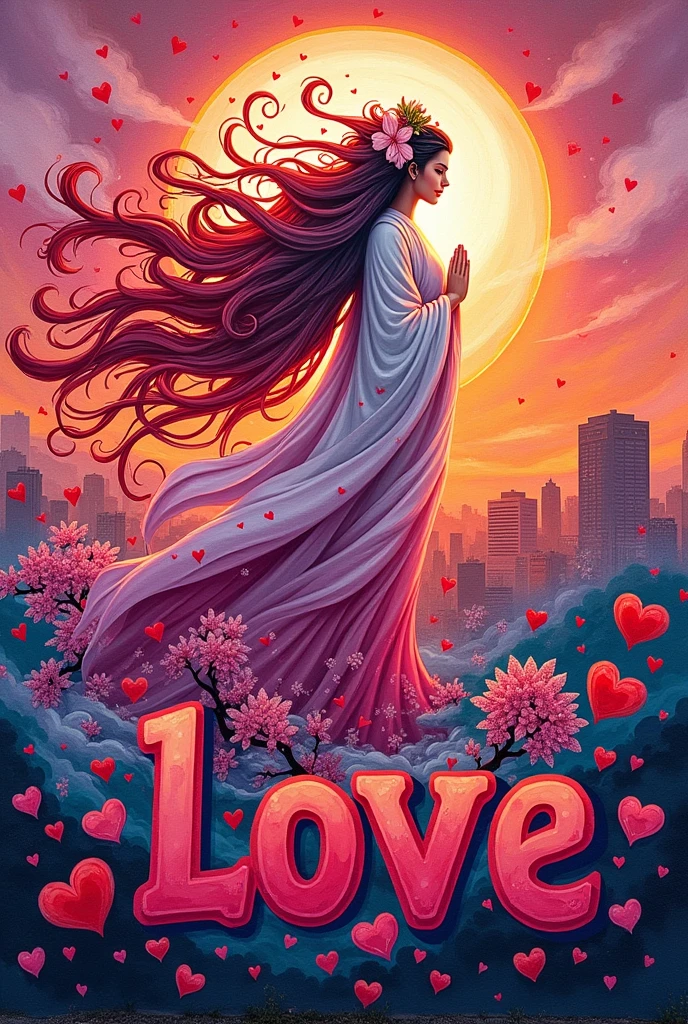I want you to make a graffiti image with a love theme.、Add Amaterasu too'There is a name written.