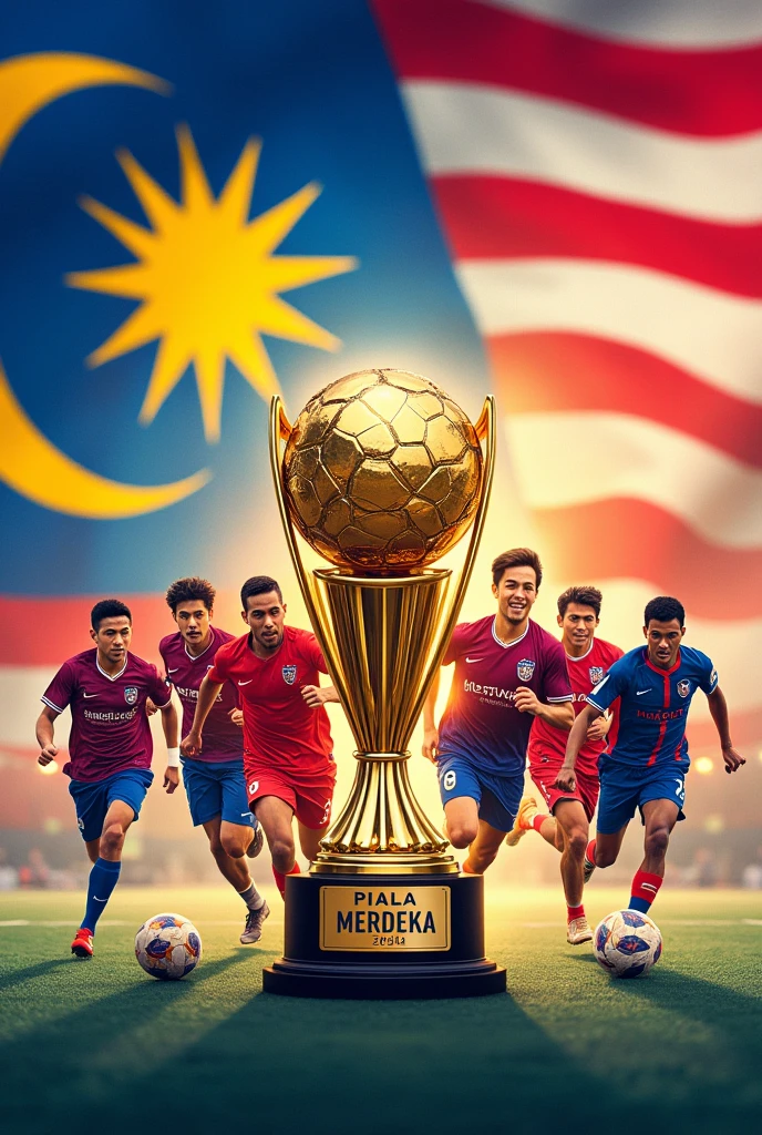 A dynamic poster for the ‘Futsal Piala Merdeka 2024’ event. The background features the Malaysian flag, Jalur Gemilang, with its iconic colors and patterns prominently displayed. The theme is centered around ‘Merdeka’, with elements of independence and national pride. A group of players actively playing futsal is depicted in the foreground, showcasing their energy and passion for the game. The ‘Piala Merdeka’, a trophy symbolizing victory, is also prominently featured, gleaming with prestige. The overall color scheme incorporates the colors of the Malaysian flag—red, white, blue, and yellow—creating a vibrant and patriotic atmosphere