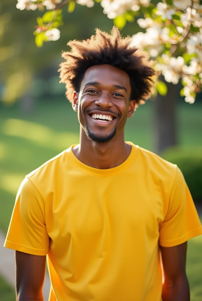 A bright man, wereing yellow t shirt, seeing in camera with opening his eyes