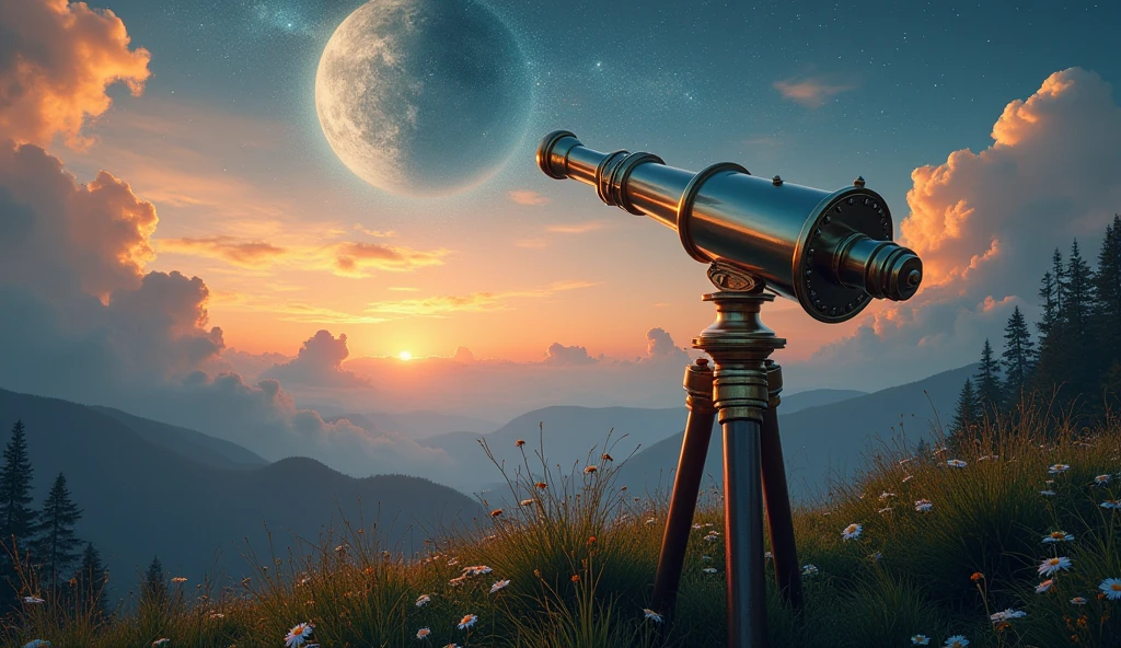 a telescope through which one sees the moon and observes another world that the person imagines on the moon thanks to the inventiveness of their childlike mind