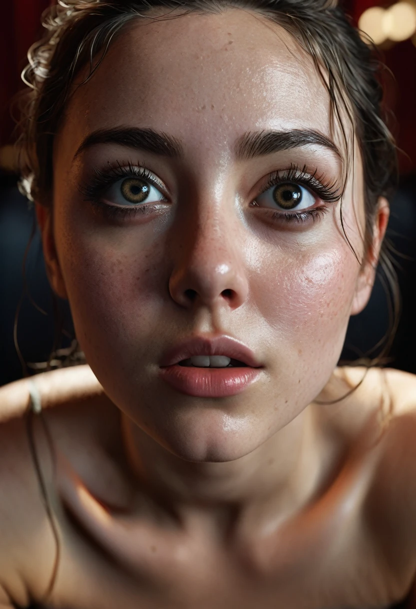 ((realistic)), cinematic shot, movie theater, photo referenced, highest quality, high quality, (detailed face and eyes:1.1), naked with boobs exposed, black eyes, subsurface scattering, intricate (high detail), ((cute)), (detailed skin:1.1), photorealism