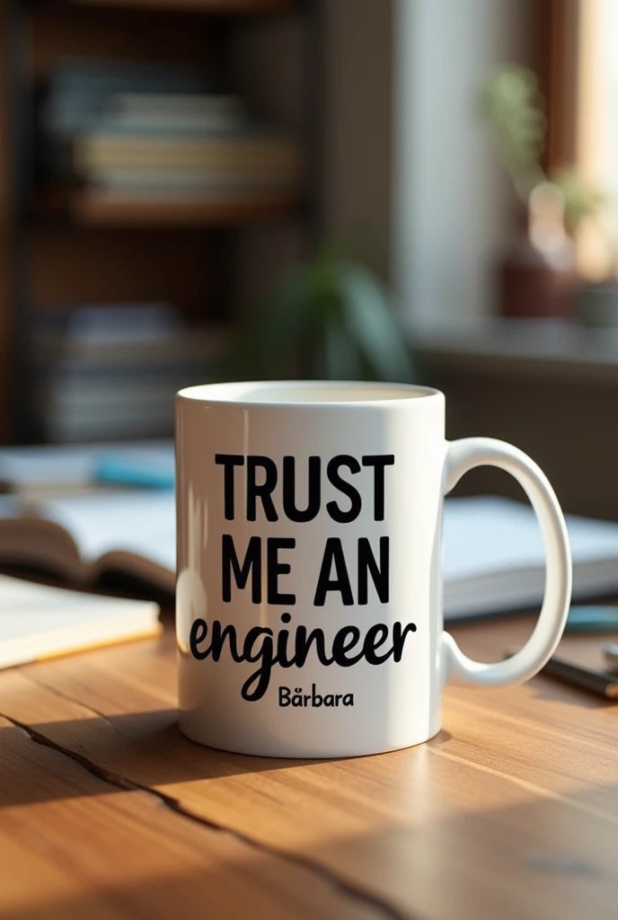 White mug with black writing saying "trust me i'm an engineer" and black writing on the bottom saying "Bárbara" 