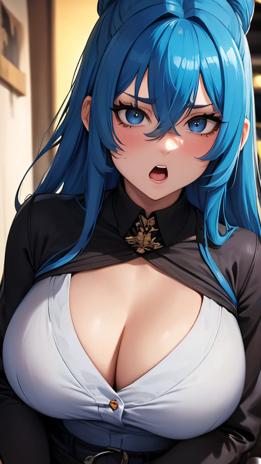 The blue expression is artistic and screams. A beautiful adult woman stares quietly at you. Harajuku style. Cleavage, blurred background.