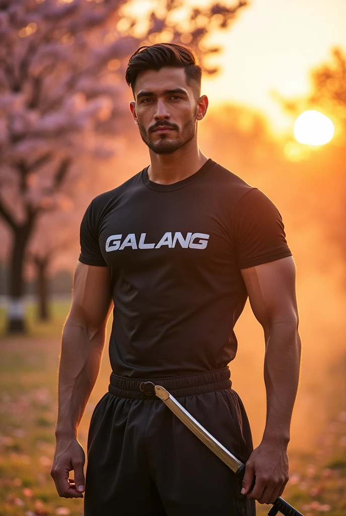 Handsome man wearing a samurai sword with the name GALANG written on his shirt has an effect