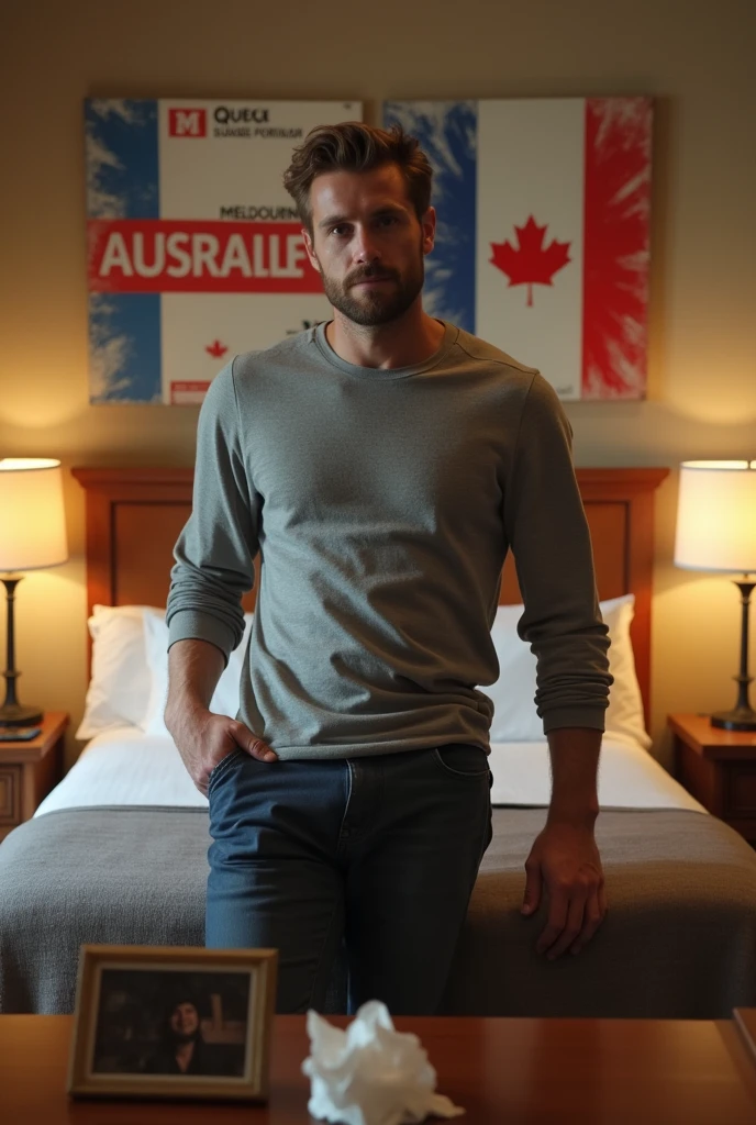 Homme caucasien grand de taille, charmant, un peu costaud, habillé en pantalon et tee-shirt manche longue, assis ou adossé sur une table dans une grande chambre d'hôtel, sur la table qu'il y ait également un papier mouchoir déjà utilisé sur la table et sur le lit de l'hôtel qu'il soit déposer un cadre photo grand ou moyen qu'il est possible de faire arrêter sur le lit et faire face à la caméra et sur le mur du chevet du lit un tableau sur lequel il est écrit en français : Melbourne AUSTRALIE et autour de la phrase qu'il y ait les emblèmes du CANADA QUÉBEC ou le drapeau du CANADA QUÉBEC