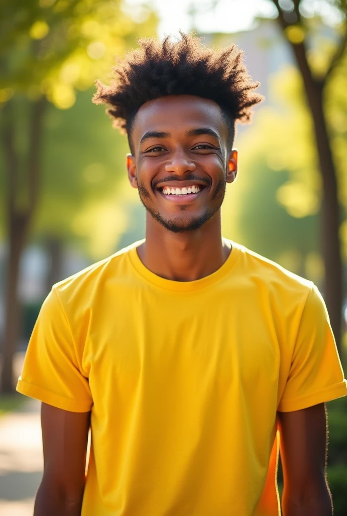A bright man, wereing yellow t shirt, seeing in camera with opening his eyes and little smile