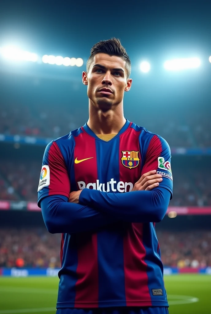 Ronaldo wearing barcelona jersey facing towards the camera