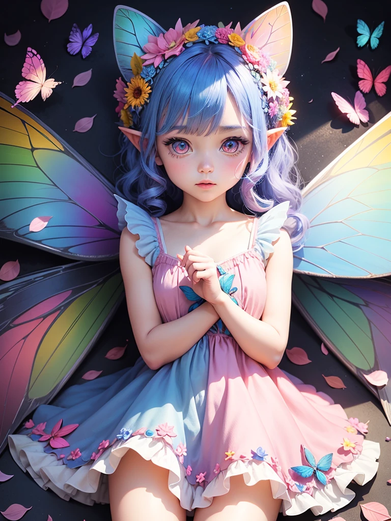 cute little Fairy, blue butterfly, Rainbow hair, pink eyes, dress pointy ears dress made of petals leaves sparkling sun leaves pinkdress