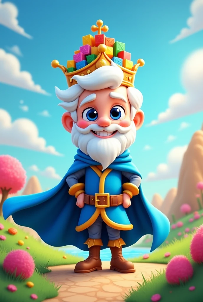 a toon king, a smiling man with white hair and blue eyes, wearing a blue cape and a crown in the shape of building blocks.