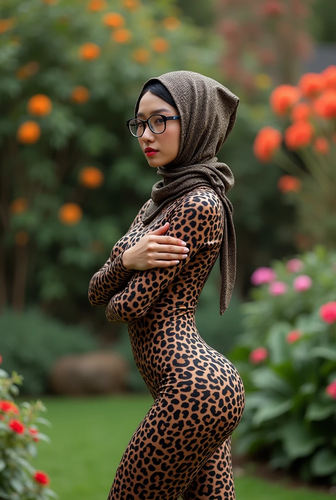 A most beautiful and thin 23 years old chinese contortion girl wearing a glasses wears glitter leopard Lycra turtleneck unitard catsuit covered with seamless black leopard paterns.She always wear leopard Lycra dancewear hijab-like hood.She has beautiful cheeks on her face.She is take part for contortion performance.She performs contortion in the garden backyard.She is my famous contortionist.